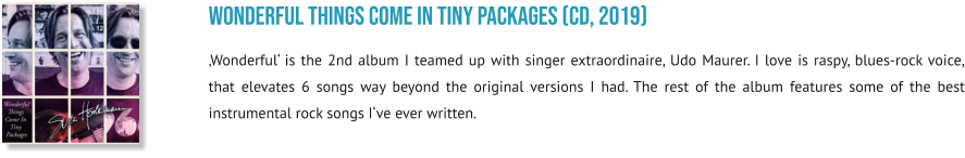 wonderful things come in tiny packages (CD, 2019) ‚Wonderful‘ is the 2nd album I teamed up with singer extraordinaire, Udo Maurer. I love is raspy, blues-rock voice, that elevates 6 songs way beyond the original versions I had. The rest of the album features some of the best instrumental rock songs I‘ve ever written.